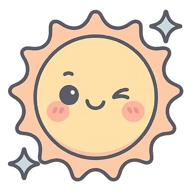 winking kawaii sun with sparkles, icon-color-outlined style, detailed shading, thin clean outlines, soft rounded features, pastel palette #98B5BC #B5B3C1 #C9A3C9 #E4C0CA #F7DCD1 #F7C0AA, modern Japanese pop art, sticker aesthetic, highly detailed, vector clarity, soft lighting, subtle shadows, transparent background sticker