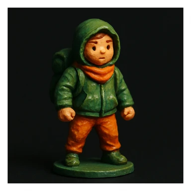 miniature of a person, green and orange colors, black background, digital style sticker