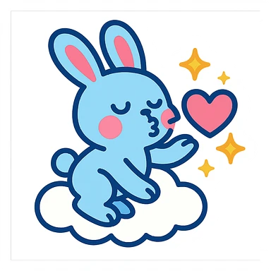 pastel blue bunny with cloud, blowing a kiss with sparkles, vibrant-toon style sticker