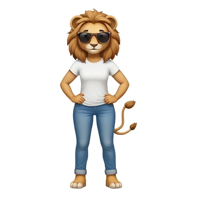 friendly anthropomorphised female lion character, full body, standing confidently with legs shoulder width apart and arms folded, wearing jeans, a white t-shirt, and dark sunglasses, with a confident smile sticker