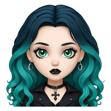 goth bratz baddie, beautiful blue-green eyes, long wavy hair, black gothic hair styled, black goth clothes sticker
