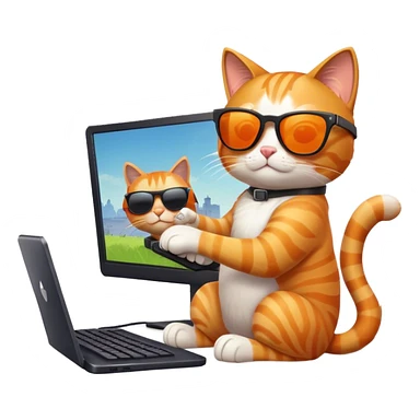 Cool cat wearing sunglasses playing Fortnite on a PC sticker
