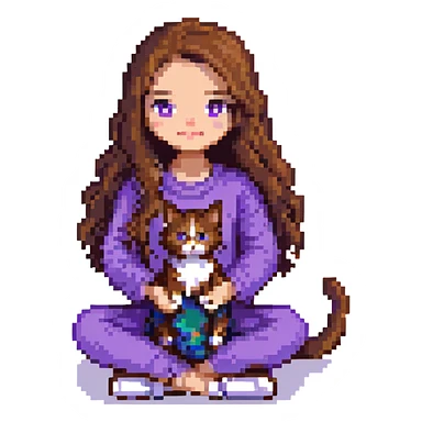 girl with long wavy brown hair and brown eyes wearing purple clothes sitting with a three-color cat pixel art sticker