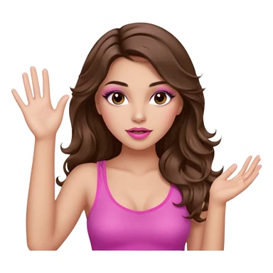 girl with long wavy brown hair, brown eyes, long lashes makeup, sexy pink lips, light to medium complexion, wearing a pink sexy top, one hand in the air high sticker