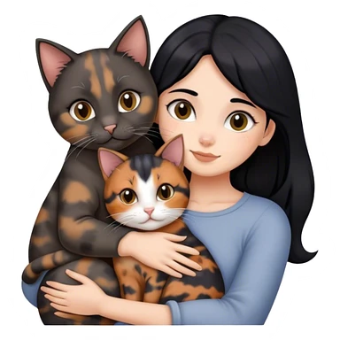 girl with black hair hugging three cats  (tortie cat, full gray cat, brown calico cat) sticker
