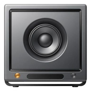 Minimal emoji icon of a modern metallic studio monitor, front view, detailed geometry, dark metallic body, subtle highlights, isolated sticker