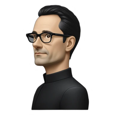 small photo realistic Ralf Hutter from Kraftwerk, short straight black hair, Dark Brown eyes, black glasses, thin, black shirt, side view, riding open top black tesla sticker