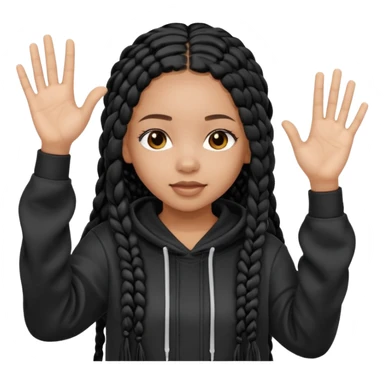 African American girl light skin complextion long black box braids  wearing plain black hoodie with hands raised sticker