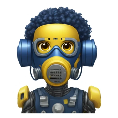 Dark Blue curly hair cyborg head with yellow respirator mask and circuitry sticker