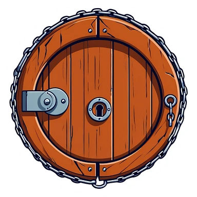 A rusty chain wrapped tightly around a round wooden hobbit-style door with a large padlock sticker