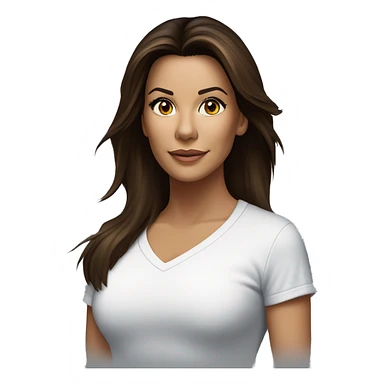 3/4 face, contrasted, shadow, light, Eva Longoria expression, standing from a distance, thin nose, brunette woman, hazel eyes, long eyelashes, dark shoulder shaded hair, white t-shirt, jeans, white sneakers sticker