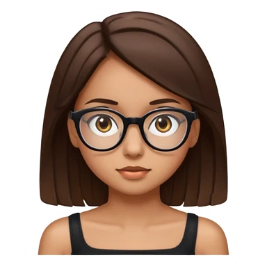Imagine a girl with slightly light brown skin with big brown eyes and glasses. She has straight brown hair and is wearing a black tube top sticker