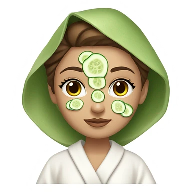 White girl with Brown hair and blue eyes wears a Green colored skincare clay textured mask and puts on cucumbers around her eyes while She relaxes in her white Robe sticker