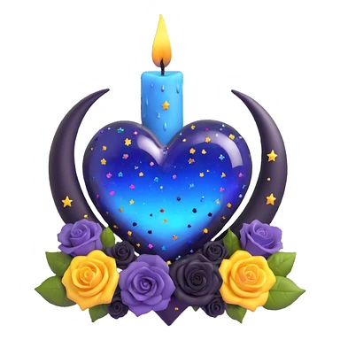 gothic heart made of midnight blue glass with silver crescent moon, tiny black roses, shimmering stardust, rainbow iridescent, dripping candle wax, confetti burst sticker