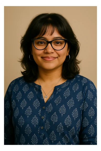 Keep the face and hair the same as the reference photo. Use realistic skin tone matching the reference. Add slight fringes on the top to slightly cover the forehead. Make the background soft beige. Change outfit to an indigo, handprinted kurti. Add bigger silver hoop earrings and a simple silver pendant around her neck. Keep the same relaxed, modern style and black bowline spectacles. sticker