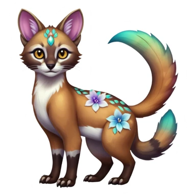 Colorful dark tropical white iridescent glorious divine exotic cute cool beautiful shiny beautiful floral fantasy-caracal-civet-genet-sergal-vernid-Cacomistle-oncilla-animal-Fakémon-hybrid-fursona (full body) sticker