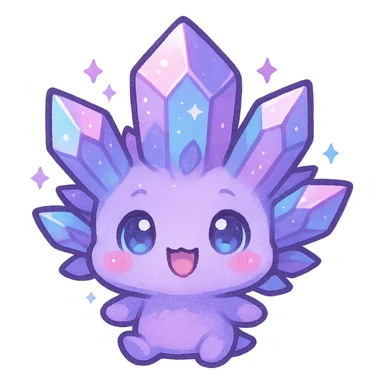 chibi kawaii style emote of a crystal sprite creature, colors purple blue and pink, happy expression sticker