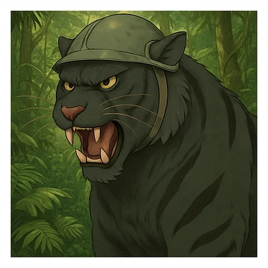 Add a lush jungle background behind the angry black tiger wearing a helmet, keep the original style and mood sticker