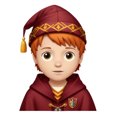 Boy with Ginger hair with a gryffindor Robe and a patterned cap sticker
