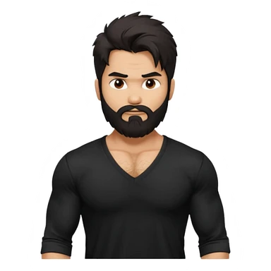 generate a pretty bratz Shahid kapoor with heavy beard and looking angry.
Make him wear a black full sleeve v neck tshirt. muscular but still lean
He shoudl look exactly like Shahid kapoor. Long messy black hair sticker