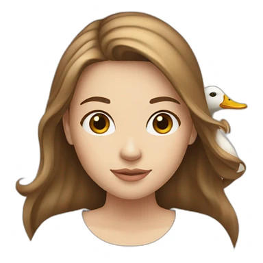 white girl with brown hairs holds a duck sticker