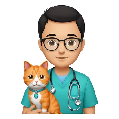 Veterinario hombre trigueño con lentes, con cabello negro, y con uniforme veterinario color verde turquesa y estetoscopio  cargando un gato naranja sticker