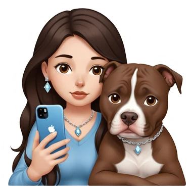 ￼ a young girl with long dark brown hair cascading down her face. It’s with her phone in her hands, sitting next to her pitbull with a small diamond nose ring in her nose. sticker