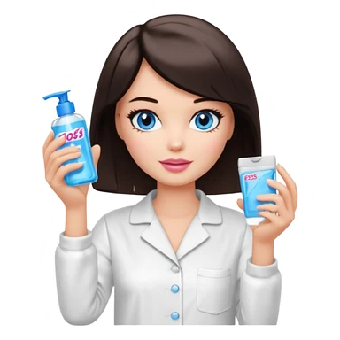 Barbie girl with makeup, blue eyes , and bob haircut, short dark brown hair in white pajamas, face gel in hand sticker