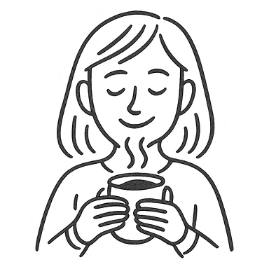 hand-drawn pen sketch emoji of a woman enjoying coffee, smiling softly, holding a steaming cup with both hands, minimal color or just black lines, simple casual style, relaxed cozy atmosphere, clear facial expression sticker