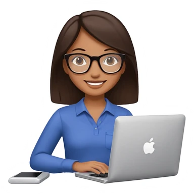 woman with tan skin, chest-length straight dark-brown hair and glasses, smiling and holding mac computer sticker