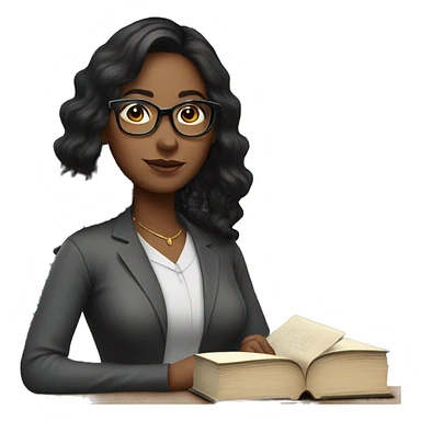 Woman teacher black long hair black glasses with book sticker