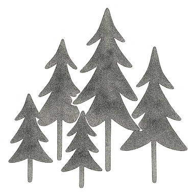 illustration of evergreen trees in folk art style, dark neutral forest color tones, watercolor texture with outlines, transparent background, suitable for favicon sticker