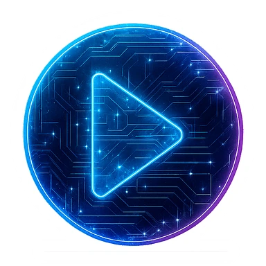 Transform the media player icon into a cyberpunk, holographic style with glowing neon blue and pink edges, circuit patterns throughout the entire icon, and a transparent background. Maintain the recognizable circular shape and play button, overlaying neon and circuit effects in a consistent futuristic, clean cyberpunk glow with intricate circuit details. sticker