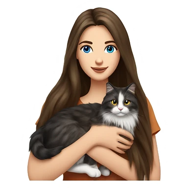long straight haired blue eyed brunette woman holding norwegian forest cat with amber eyes sticker