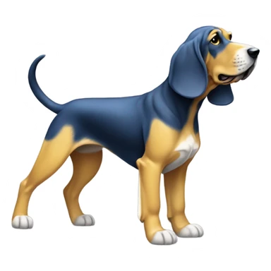 A Blue and yellow bloodhound dog standing on all fours, with a white flag attached to its tail. sticker