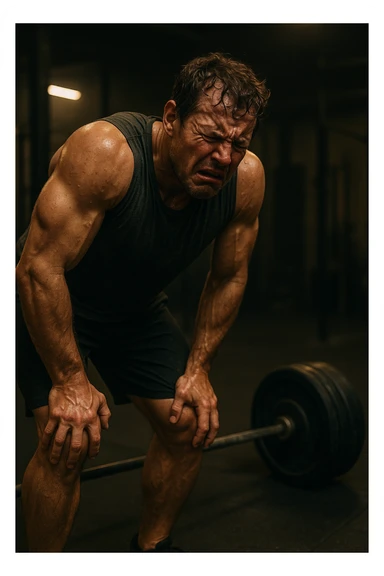 Uomo in palestra durante un allenamento, piegato su sé stesso con le mani sulle ginocchia, sudato, visibilmente esausto. Ha un'espressione di frustrazione e affaticamento estremo. Pesi pesanti accanto a lui, atmosfera intensa, luci soffuse. Il corpo mostra segni di sforzo eccessivo e accumulo di fatica. in italiano sticker