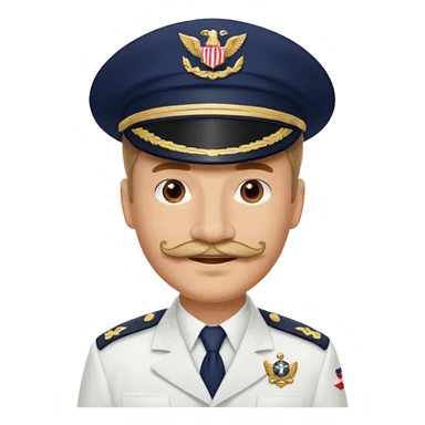 A light-skinned man with brown eyes and a mustache, smiling while wearing a white captain’s hat with a navy emblem. sticker