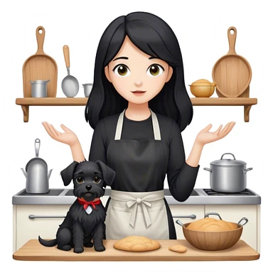 pale girl with long black hair wearing black long sleeve tshirt wearing apron and baking holding black floppy ear schnauzer sticker