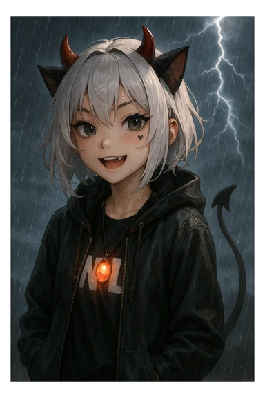 realistic anime style devil catgirl with small red horns, short white hair, streetwear, glowing amulet, rain and thunder background, heart tattoo under eye, playful expression sticker