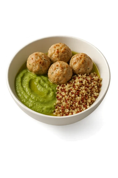 bowl bianca fluttua in aria con polpette di tacchino, purè di zucchine, quinoa e olio di oliva, iperrealistico 4k sticker