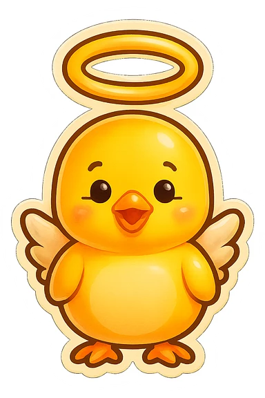 Make the halo much bigger and floating high above the baby chick's head, like a saint, keep the style and transparent background. sticker