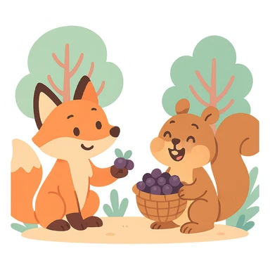 a fox and squirrel sharing berries in a forest friendship scene, pastel toon style sticker