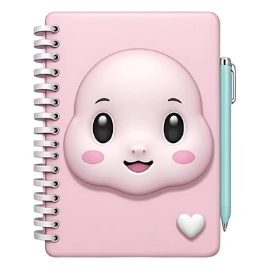 Pastel pink kawaii 3D notebook, soft shadows, cute white details, glossy finish sticker