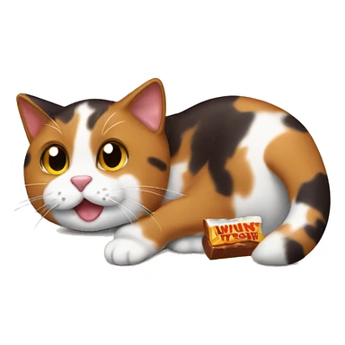 Calico cat eating a Twix bar sticker