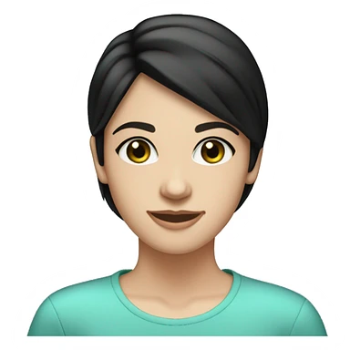 25 year-old caucasian girl white skin black bob hair blue-green eyes, thin face, smiling sticker