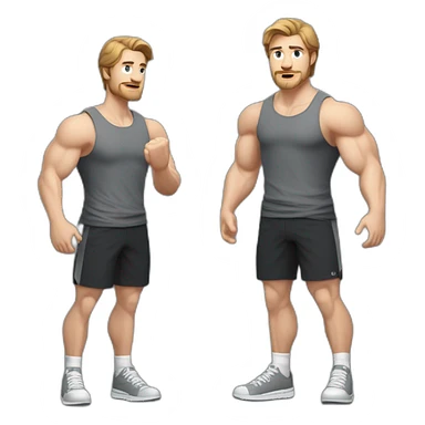 Full height Actively gesturing with hands Pale skinned Fit Man With the biceps and brown hair in dark gray Sleeveless Mike, black oversize sports shorts and white Sneakers sticker