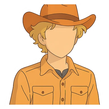ghibli style young man with wavy blonde hair, blank face, orange cowboy hat sticker