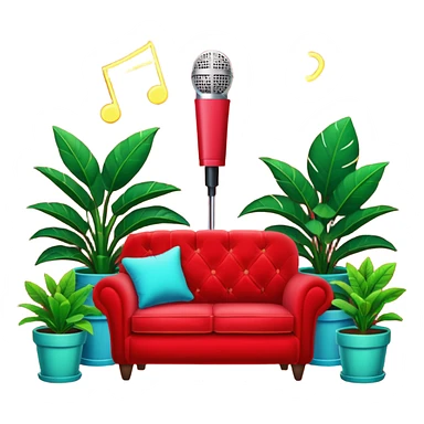 red velvet couch, stand microphone, houseplants, neon sign "karaoke" sticker