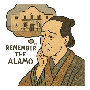 ukiyo-e style face of an 1800s person with a solemn, reflective expression, remembering the Alamo sticker