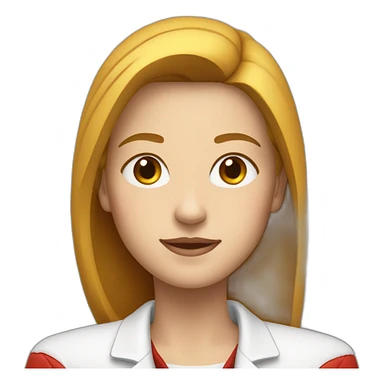 Young white woman, wearing white shirt and red jacket, both hand above her shoulders  sticker